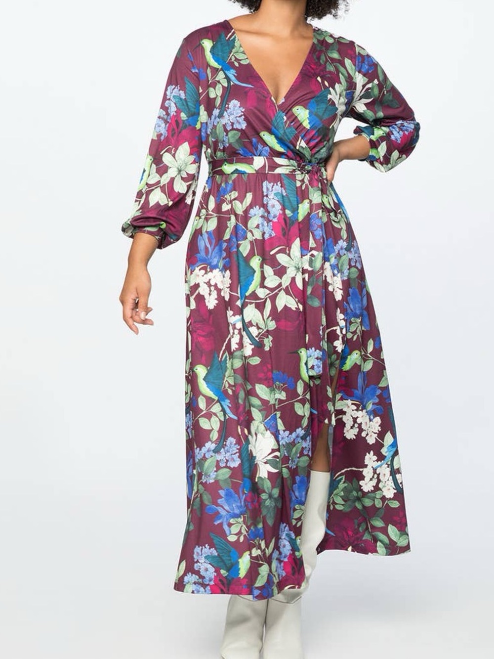 Eloquii Printed Faux Wrap Maxi Dress Size 22 Purple Hummingbird Floral Party